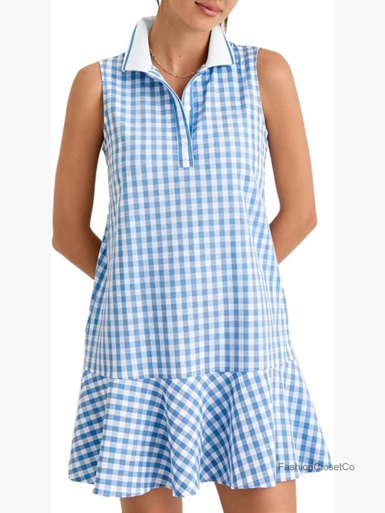 V Neck Sleeveless Gingham Polo Dress With Pockets Ruffled Hem Mini